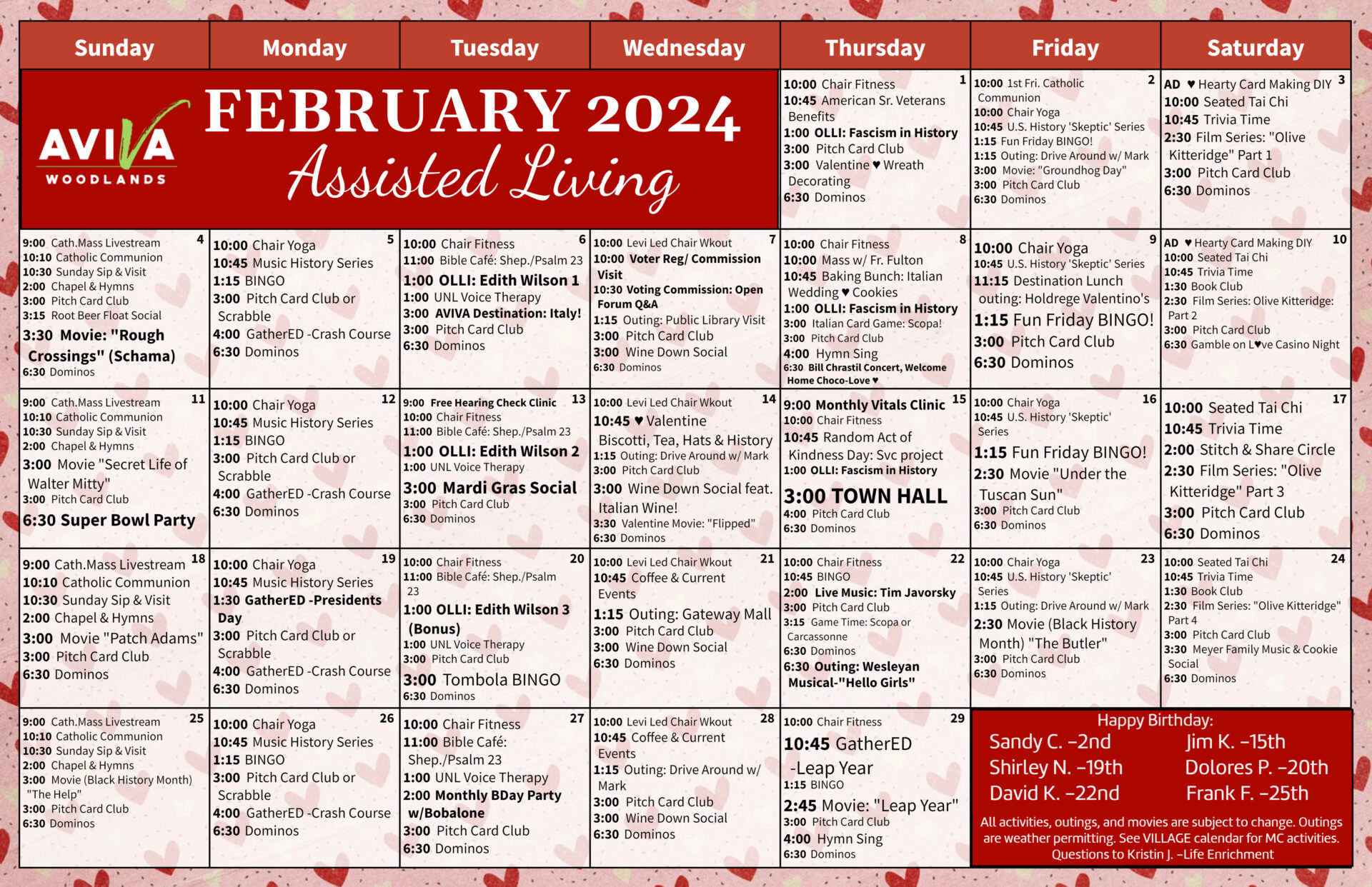 Aviva Woodlands Assisted Living February 2024 Event Calendar
