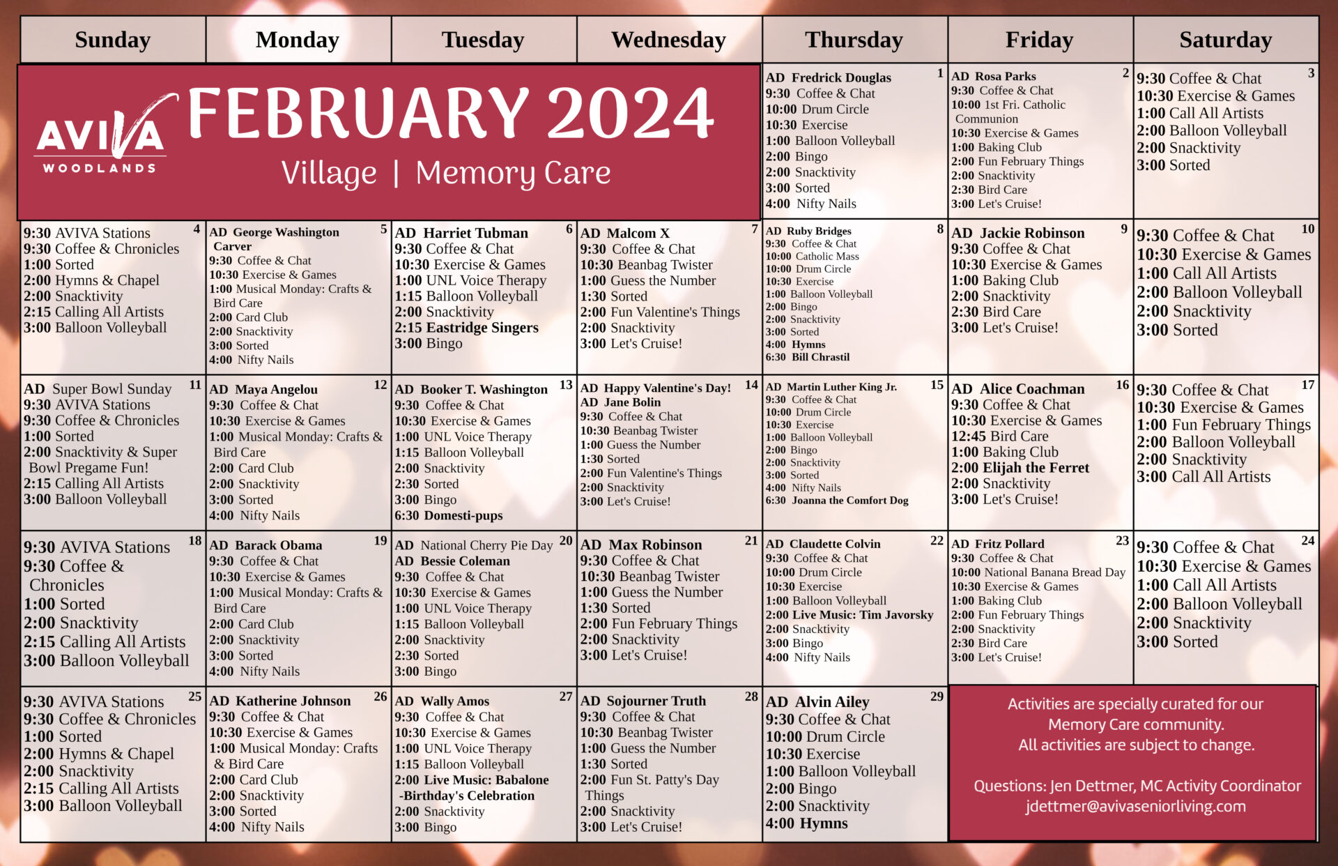 Aviva Woodlands Memory Care February 2024 Event Calendar
